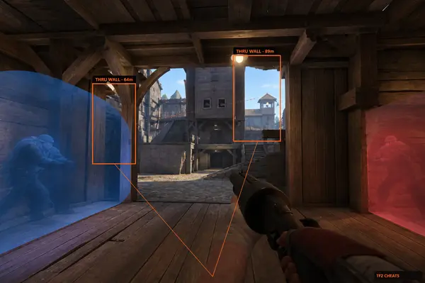 Team Fortress 2 ESP overlay on a medieval fortress map