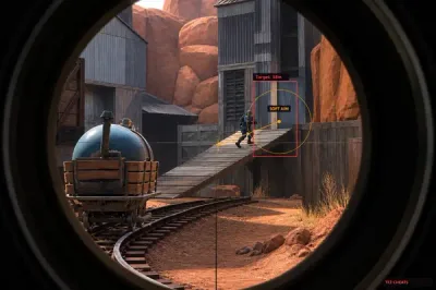 Sniper scope view over a desert canyon ramp in Team Fortress 2